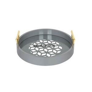 Bandeja de comida redonda de diseñador moderno Bandeja de servicio de color gris limpia creativa con asa de metal Bandeja de comida y postre en la India - Product Image 1