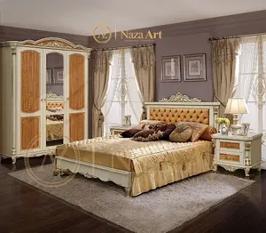 Juegos de dormitorio de lujo, muebles dorados hechos de madera maciza con estilo clásico tallado a mano