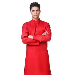 畅销高品质100% 棉长直库尔塔睡衣套装实心图案休闲风格印度男孩民族服装