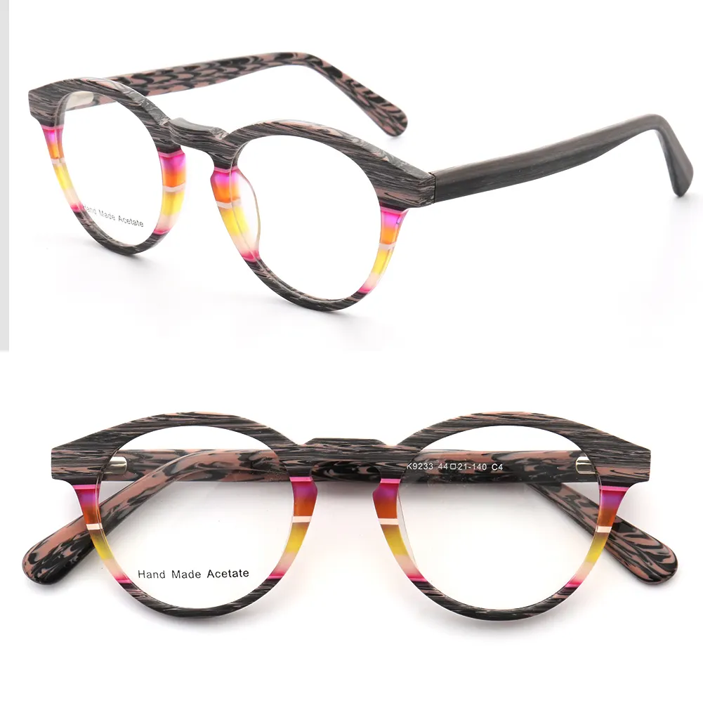 Großhandel Frauen Acetate Optische Brillen Rahmen Rx Brillen K9233 Runder Glas rahmen Imitieren Holz Männer Anpassen Logo Blau Braun