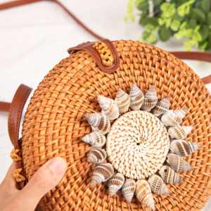 Sac en rotin rond tissé à la main,, avec coquillages de mer - Product Image 5