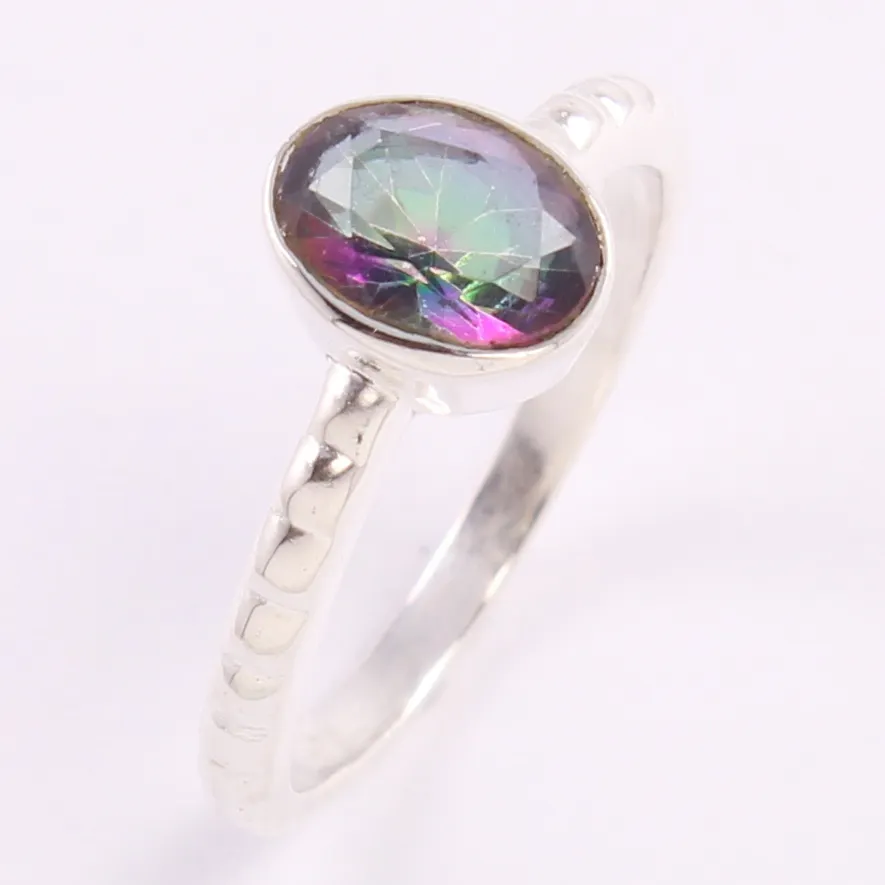 Anel de prata esterlina 925, quartzo preciosa artesanal de arco-íris natural, pedra preciosa, anel artesanal para meninas e mulheres, joia para ela