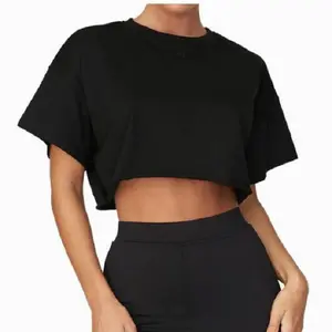 2022 Female Clothing Spring Long Sleeve Neck Tops Black Color Loose Fit Ladies Crop Tops T Shirt