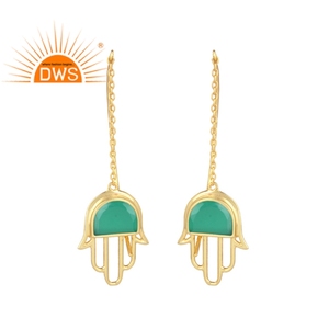 Natural Green <b>Onyx</b> Gemstone <b>Earrings</b> Jewelry Wholesale Designer Hamas Shape Gold Plated 925 Silver Dangle <b>Earrings</b> - Product Image 1