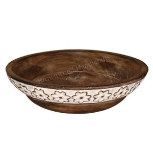 Cuenco grande tallado floral blanco quemado de madera de mango macizo hecho a mano para exhibición elegante y servicio directo de fábrica al por mayor - Product Image 1