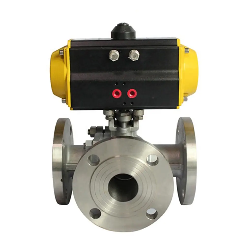 COVNA Pneumatic Actuated Three Way Stainless Steel Flange Ball Valve