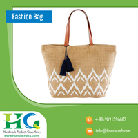 Sac fourre-tout en jute naturel |   Sac de plage imprimé avec poignées à pompons, sac de courses réutilisable pour les voyages, les stations balnéaires et l'usage quotidien