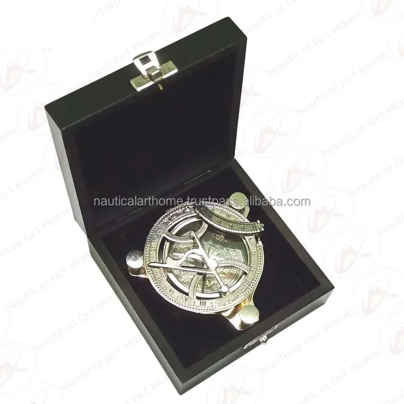 Collectible Nickel Plated Large Sundial Compass with Black Box - Nautical Brass Sundial Compass with Box in Chrome Style
