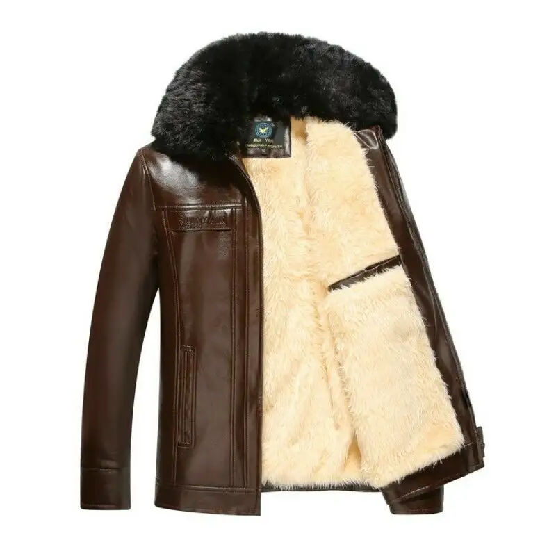 Men's Winter Leather Fur collar Lapel Jacket Coat Trench Puffer Outwear Overcoats - Wholesale Price