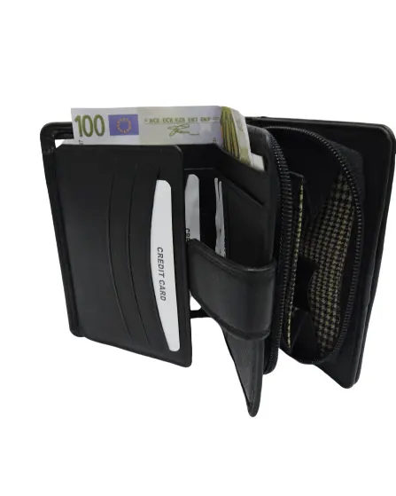 Portefeuille unisexe en cuir souple protégé par RFID, avec fermeture à boucle, neuf emplacements pour cartes et une poche à monnaie zippée