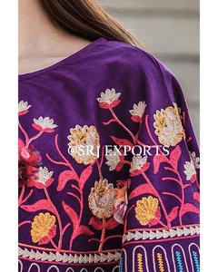 Vestido Midi Bohemio para Mujer, con Bordado Floral, Cuello Redondo, Manga Farol Holgada, 100% Algodón Ecológico, Dobladillo a Cuadros Morado, Estilo Casual de Verano - Product Image 2