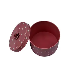 Gifting Purpose Iron Red Color White Dots metal Round Dry Fruits Packing Box For Cookie Chocolate Candy Tea For kids