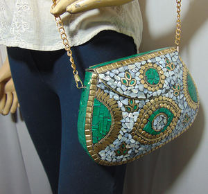 Ethnic Clutch <b>Vintage</b> Bag Handmade Metal Bag Mosaic Stone Purse Shell Bag Hand Clutch <b>Handbag</b> for Women From Clutches - Product Image 6