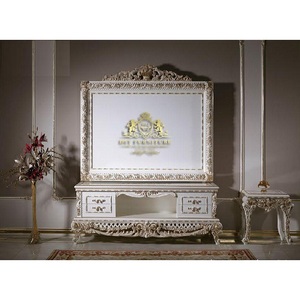 Meuble TV en bois de teck, design trombone, de luxe, Style péruvien, finition argentée et blanche, 2 pièces - Product Image 1