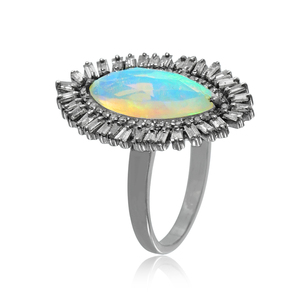 Natural Opal Gemstone Baguette <b>Diamond</b> Oxidized 925 Silver Designer Marquise Shaped Cocktail Ring <b>Jewelry</b> Wholesale - Product Image 2