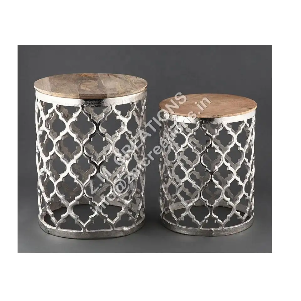 Coffee Table Set Aluminum And Mango Wood Material Silver Color Round Shape Hallway Living Room Hotel And Home Decoration