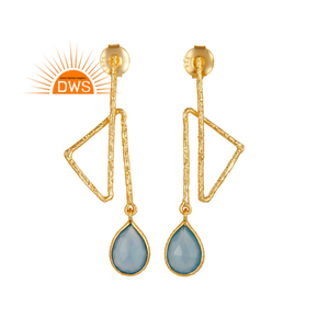 Boucles d'oreilles calcédonie bleue naturelle en pierre précieuse, bijou fait à la main, plaqué or 18k, fabrication de bijoux en argent, livraison gratuite - Product Image 1