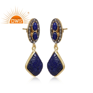 Natural Lapis and CZ Gemstone Sterling Silver Gold Plated Drop Earrings-Trendy Party Gift Jewelry - Product Image 2