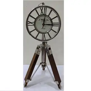 Table Clock With Tripod Stand Nautical Wooden Tripod Stand Vintage style Home Decor antique table clock
