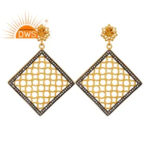 14k Yellow Gold Plated Filigree Designer Stud Dangle Earrings 925 Silver Jewelry Supplier