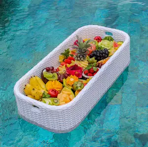 豪华酒店或热带度假别墅游泳池中的浮动早餐托盘，水果; 芒果、西瓜龙和激情