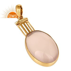 Yellow Gold Plated Rose Quartz Pendant Natural Gemstone Jewelry Wholesale Brass Fashion Pendant - Product Image 2