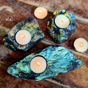 Labradorite Crystal Candle Holder Natural Flashy Blue Fire Gemstone | Tealight Holder Healing Energy Spiritual Home Decor Stone - Product Image 1