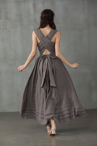 Robe longue bohème en lin à dos croisé avec ceinture pour fête ou toute occasion, grande taille - Product Image 4