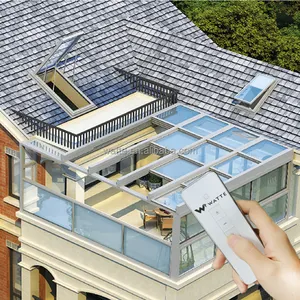批发天窗窗户户外花园铝玻璃屋顶盖自动伸缩金属实心大天井盖