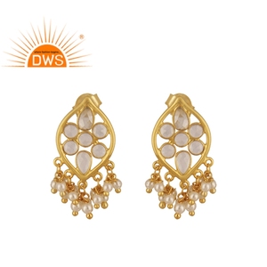 Boucles d'oreilles indiennes en argent 925, livraison gratuite, bijoux plaqué or, perles blanches, vente en gros - Product Image 1
