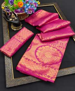 Banarasi Seda Jacquard Saree con Blusa Mujeres Desgaste Señoras Fiesta Festival Uso diario Algodón suave Seda Sari Venta al por mayor Precio bajo Alphanumero - Product Image 1