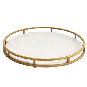 Plateau en marbre blanc décoratif rond de vente chaude avec support en métal en vente - Product Image 2