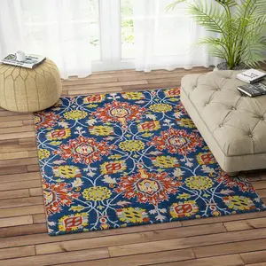 波斯手工簇绒地毯高品质东方传统低绒防滑背衬帝王结蓝色和多色