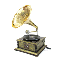 Tocadiscos Antiguo con Bocina de Latón, Equipo de Audio Gramófono en Venta, Gramófono Antiguo con Base de Madera