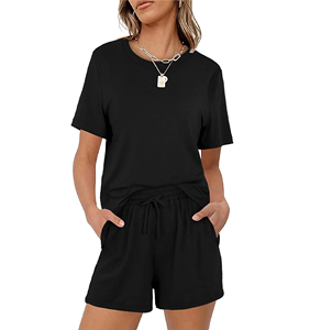 Conjunto de ropa de dos piezas para mujer, ropa de salón informal transpirable, 2022 algodón, camiseta de media manga y pantalones cortos, 100% - Product Image 1