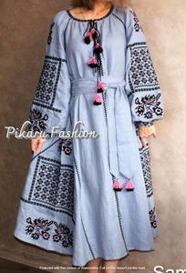 ชุดเดรสยาวคลุมเข่าสไตล์ตะวันตกดีไซน์เนอร์เดรสแนวสตรีทแขนบอลลูนคอวีปักลายดอกไม้สไตล์โบฮีเมียน - Product Image 5