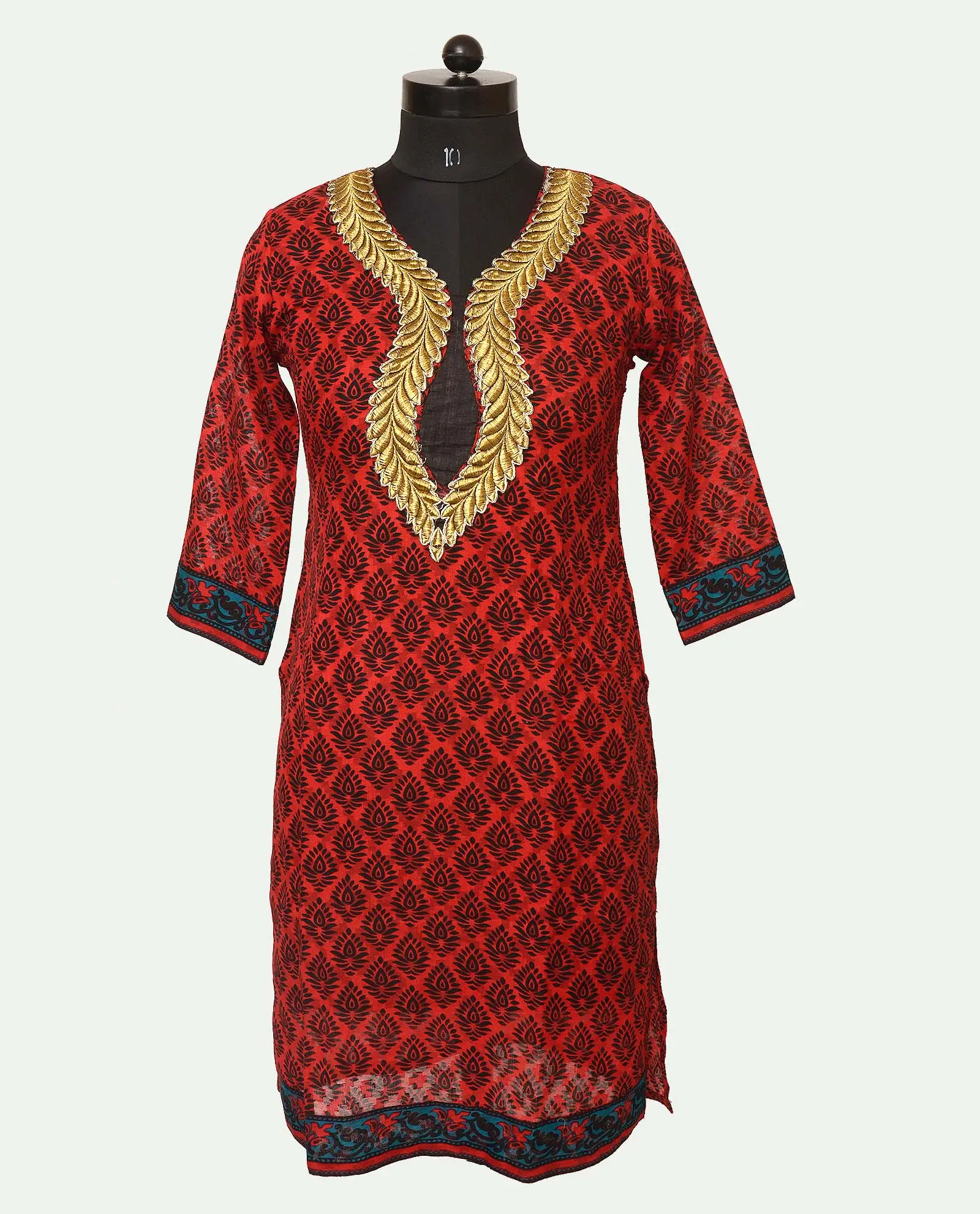 Beautiful Machine Embroidery neck design Cotton printed Kurtis with Zari Embroidery Neck manufacturer and supplier from India