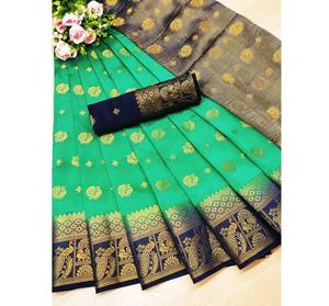 Kanchipuram saree en soie tenue de soirée mariage indien dernier créateur banarasi sari en coton soie avec chemisier vêtements pour dames grossiste apparelgarment - Product Image 4