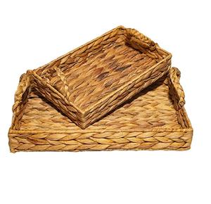 Juego de 2 Bandejas para servir de ratán rectangulares hechas a mano con asa, perfectas para cocina y hogar, suministros al por mayor - Product Image 1