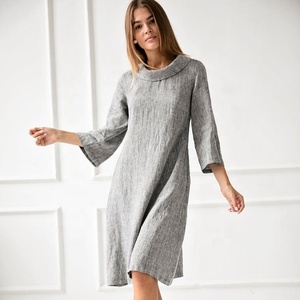 Robe en lin pour femme 2021, design croisé, manches 3/4, col bénitier, asymétrique, unie, teinte unie, formelle, sexy, mi-longue, silhouette ample - Product Image 1