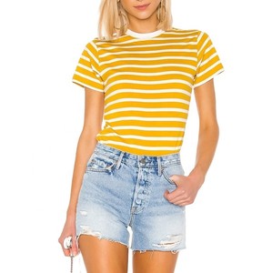T-shirt manches courtes ras du cou pour femme, rayé, jaune et blanc, Jersey personnalisé, vente en gros, - Product Image 1