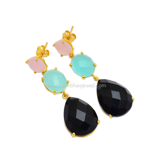 ต่างหูห้อยระย้าทำมือเงินแท้ 925 สไตล์หรูหรา ประดับพลอยแคลเซโดนีธรรมชาติหลากสี ชุบทอง เหมาะสำหรับเป็นของขวัญสำหรับผู้หญิงในงานปาร์ตี้ - Product Image 1