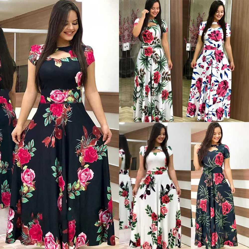 Casual Bohemia Flower Print Maxi Elegant Summer Women's Fashion Hollow Out Tunic Vestidos Dress