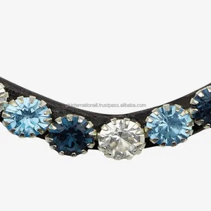 Handmade Wave Shape Leather Horse Brow Band With Decorative Blue Breeze <b>Glass</b> Crystals <b>Chain</b> Customized Adjustable Loops - Product Image 3