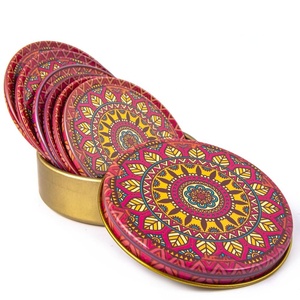 RED - YELLOW PATTERNED AND BOXED SIX METAL TEA COASTER - <b>MAT</b> FROM TURKEY - Product Image 2