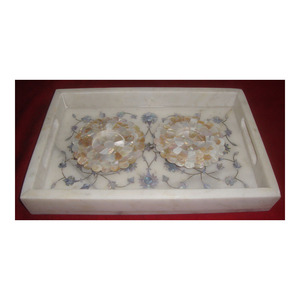 Peu Cher Beau Marbre Blanc Bleu Nacre Incrustation De Pierre Plateau de Travail Avec Coquille VADROUILLE Soucoupe Plaque Ensemble - Product Image 1