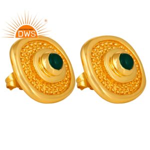 Boucles d'oreilles en pierre précieuse d'onyx verte, 14k, plaqué or jaune, en laiton poli brillant, vente en gros, bijoux de luxe - Product Image 2