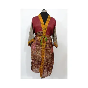 En kaliteli iç çamaşırı elbiseler Vintage ipek Sari el yapımı rahat tarzı plaj kapak Kimono Robe artı boyutu kadınlar için