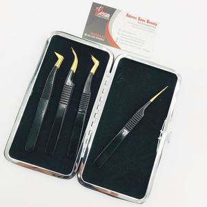 Pinzas de extensión de pestañas de volumen clásico de Oro Negro probadas a mano con logotipo personalizado punta de fibra pinzas de pestañas Etiqueta Privada sostenible - Product Image 1