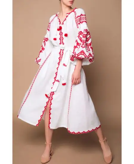 2020 सुरुचिपूर्ण यूक्रेनी कपड़े लंबी आस्तीन हाथ की कढ़ाई के साथ काम कमर बेल्ट सनी कपास महिलाओं मैक्सी पोशाक